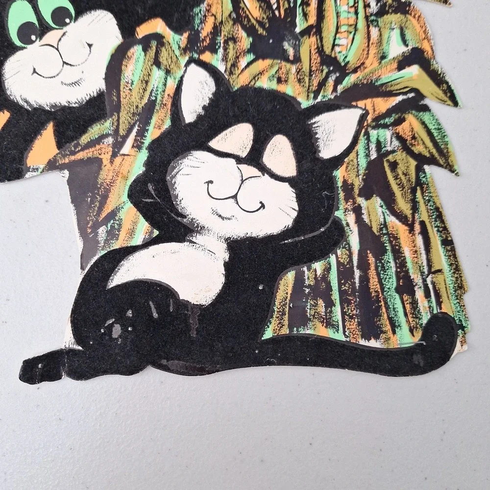 Vtg Halloween Peck Inc FLOCKED BLACK CATS & CORN STALKS Diecut Decoration 1960s